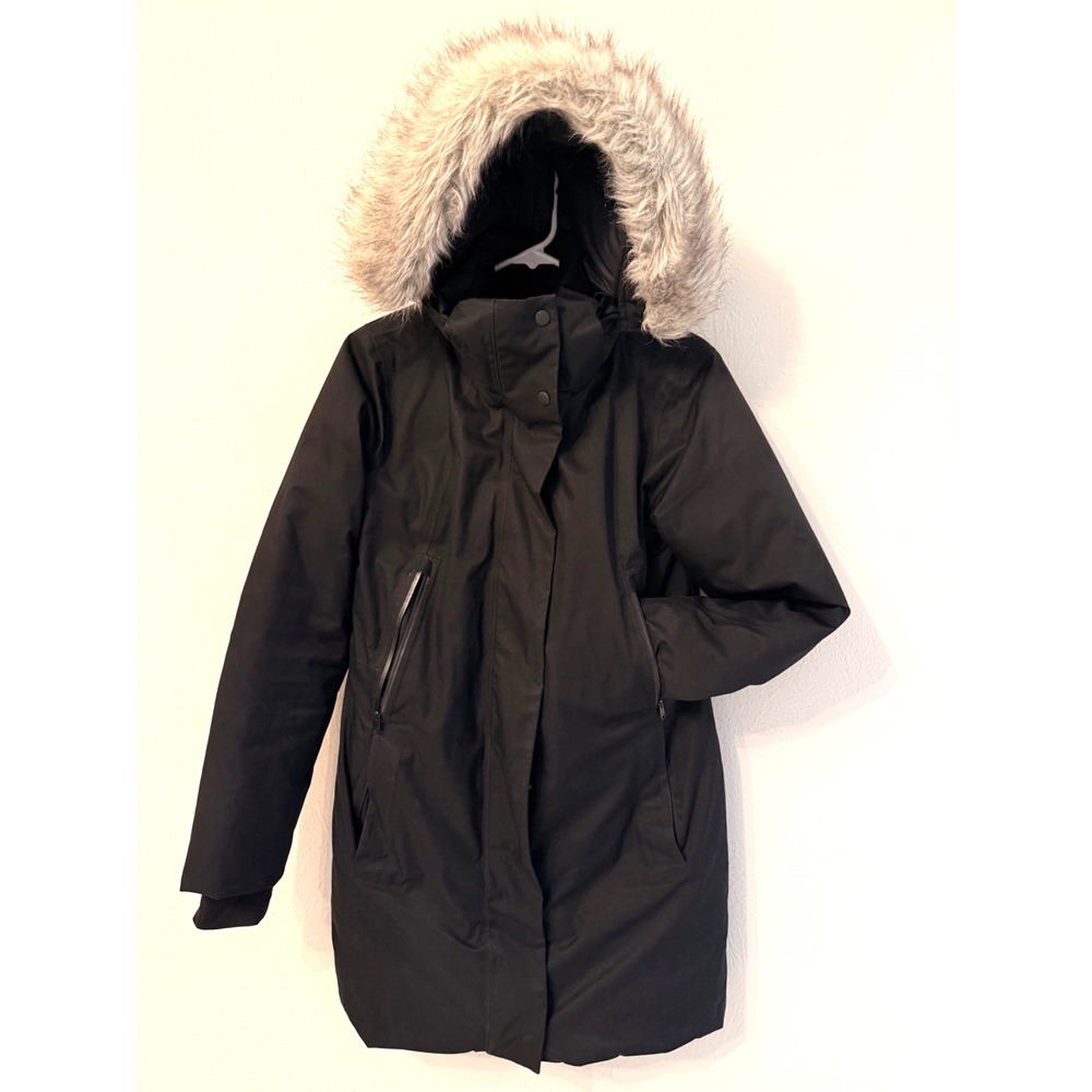 Athleta Outbound Parka Down Filled size S black Fur Trim Hood Knee length